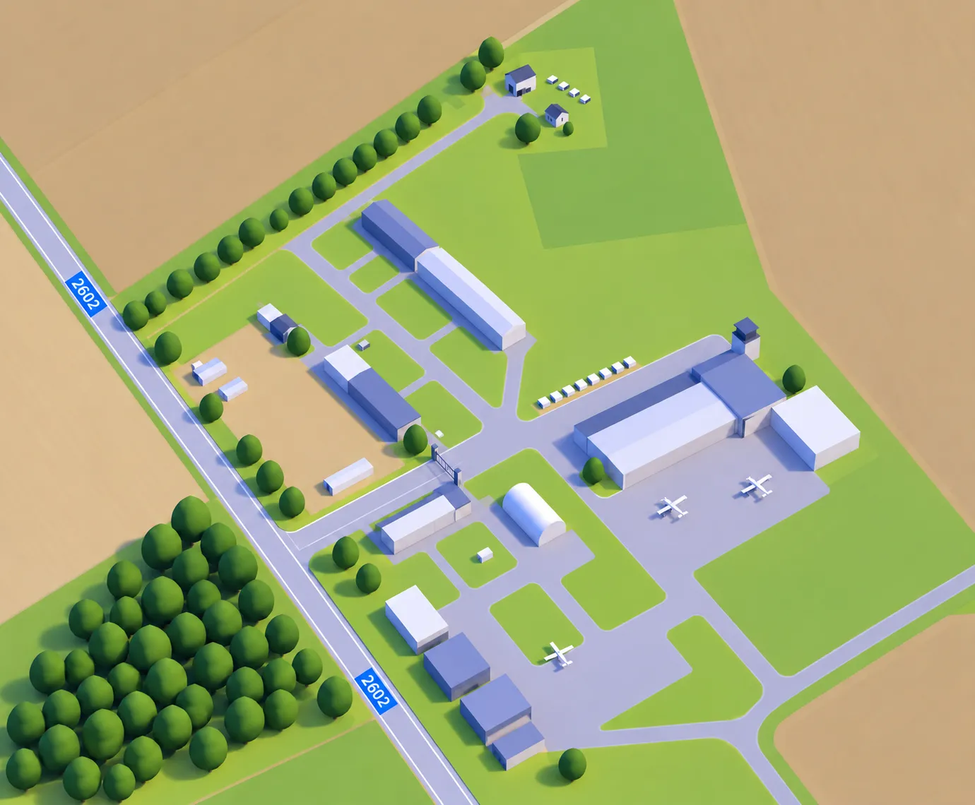 3D-karta över infarten från båda riktningarna på väg 2602, den låsta grinden och bilvägen till Lidköpings Modellflygklubbs flygfält på Hovby